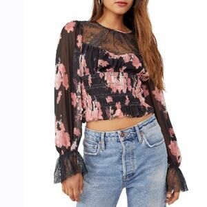 Free People Daphne Long Sleeve Cropped Blouse Black and Pink Floral | Medium